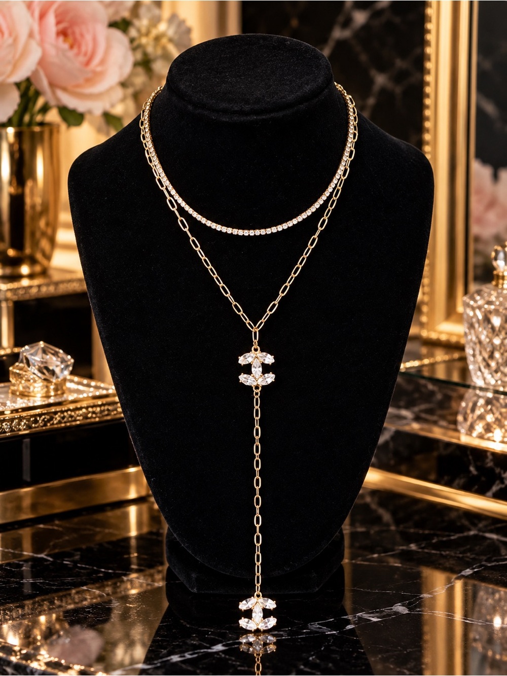 Gold CC Crystal Lariat & Rhinestone Necklace Set